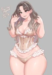 Rule 34 | 1girl, agawa ryou, breasts, commentary, corset, cowboy shot, dated, english commentary, frilled corset, frilled panties, frills, gradient hair, hands in own hair, lace-trimmed corset, lace trim, large breasts, lingerie, long hair, looking at viewer, multicolored hair, original, panties, pink hair, pink panties, signature, simple background, skindentation, smile, solo, underwear, wide hips