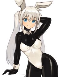 Rule 34 | 1girl, absurdres, animal ears, arm behind head, arm support, black bodysuit, blue eyes, bodysuit, breasts, closed mouth, fake animal ears, hair between eyes, highres, leotard, long hair, playboy bunny, rabbit ears, sidelocks, simple background, smile, solo, sookmo, standing, twintails, white background, white leotard