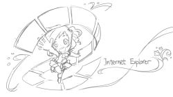 Rule 34 | 1girl, :d, aizawa inori, chibi, collateral damage studios, copyright name, greyscale, internet explorer, looking at viewer, machinery, monochrome, open mouth, outstretched arm, personification, scroll, simple background, sketch, skirt, smile, solo, waha (artist), white background