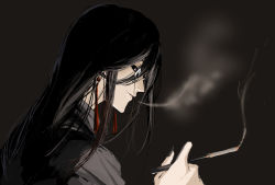 Rule 34 | 0000-111-0100-0, 1boy, black background, black eyes, black hair, black kimono, chinese commentary, commentary request, earrings, glasses, highres, japanese clothes, jewelry, kimono, long hair, looking down, lord of the mysteries, parted lips, smile, smoke, smoking, smoking pipe, solo, the celestial worthy of heaven and earth