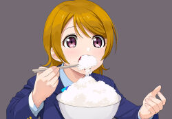 Rule 34 | 1girl, a1 (initial-g), bowl, brown hair, chopsticks, commentary, eating, english commentary, grey background, holding, holding chopsticks, koizumi hanayo, love live!, love live! school idol project, open mouth, purple eyes, rice, short hair, simple background, solo