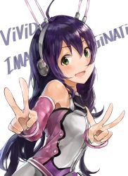 Rule 34 | 1girl, ahoge, animal ears, aqua eyes, bare shoulders, blush, rabbit ears, chan1moon, detached sleeves, double v, highres, idolmaster, idolmaster million live!, long hair, looking at viewer, mochizuki anna, open mouth, purple hair, smile, solo, v, white background