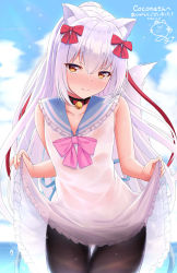 Rule 34 | 1girl, animal ear fluff, animal ears, bare arms, bare shoulders, bell, black pantyhose, blue sailor collar, blue sky, blush, bow, brown eyes, closed mouth, cloud, cloudy sky, commentary request, dated, day, dress, fox ears, fox girl, fox tail, frilled dress, frilled sailor collar, frills, hair between eyes, hair bow, hicha nomu, jingle bell, long hair, looking at viewer, nose blush, original, outdoors, pantyhose, pink bow, ponytail, red bow, sailor collar, sailor dress, signature, sky, sleeveless, sleeveless dress, solo, tail, tail raised, thigh gap, translation request, very long hair, white dress, white hair