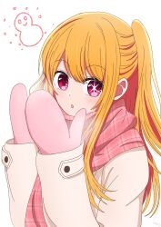 Rule 34 | 1girl, :o, absurdres, blonde hair, blush, breath, coat, cold, commentary request, doodle inset, eyelashes, hands up, highres, hoshino ruby, long bangs, looking at viewer, mittens, nm (blue-rapid), one side up, oshi no ko, parted lips, pink mittens, pink scarf, plaid, plaid scarf, red eyes, scarf, signature, simple background, snowman, solo, star-shaped pupils, star (symbol), swept bangs, symbol-shaped pupils, upper body, white background, white coat