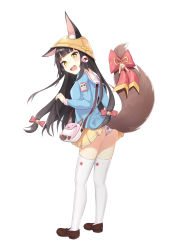 Rule 34 | 1girl, absurdres, accidental exposure, animal ear fluff, animal ears, ass, azur lane, bag, bell, black hair, blue shirt, blunt bangs, bow, brown eyes, brown footwear, clothes lift, food print, fox ears, fox tail, from behind, full body, hair bow, hair ornament, hairclip, hat, highres, jingle bell, kindergarten uniform, legs, lifted by tail, long hair, looking back, miniskirt, nagato (azur lane), open mouth, outdoors, panties, print panties, ribbon, school hat, shirt, shoes, simple background, skirt, skirt lift, solo, strawberry print, tail, tail ornament, tail ribbon, thighhighs, thighs, underwear, white background, white thighhighs, wuzichi (dmur3525), yellow hat, yellow skirt