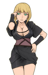 Rule 34 | 1girl, blonde hair, breasts, cleavage, colorized, female focus, fishnet top, fishnets, green eyes, large breasts, naruto (series), naruto shippuuden, nekomata naomi, samui (naruto), short hair, simple background, solo, third-party edit, white background