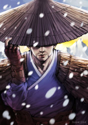 Rule 34 | 1boy, absurdres, beard, chinese clothes, covered eyes, facial hair, gradient background, hat, highres, japanese clothes, lips, male focus, mountain, original, rekaerb maerd, smirk, snow, snowing, solo, straw hat, upper body