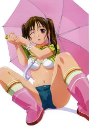 Rule 34 | 1girl, boots, bra, breasts, brown hair, clothes lift, highres, lingerie, midriff, one eye closed, pink footwear, red eyes, rin-sin, rubber boots, shirt lift, short shorts, shorts, sitting, socks, solo, spread legs, twintails, umbrella, underboob, underwear, wet, wet clothes, wink