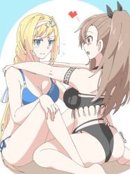 Rule 34 | 2girls, :t, alice zuberg, bare legs, bare shoulders, black one-piece swimsuit, blonde hair, blue one-piece swimsuit, blush, braid, breasts, brown hair, bwave968, cleavage, colored skin, eydis (sao), hair ornament, large breasts, long hair, looking at another, multiple girls, one-piece swimsuit, ponytail, red eyes, ribbon, signature, sitting, smile, swimsuit, sword art online, sword art online: alicization, tattoo, white background, white skin