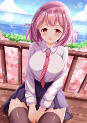 Rule 34 | 1girl, :d, between legs, blue skirt, blue sky, blush, braid, breasts, brown eyes, brown thighhighs, cloud, collared shirt, day, diagonal-striped clothes, diagonal-striped necktie, hand between legs, highres, horizon, hoshizaki akari, large breasts, looking at viewer, necktie, ocean, ongeki, open mouth, outdoors, petals, pink hair, pleated skirt, railing, shirt, sitting, skirt, sky, smile, solo, striped clothes, thighhighs, twin braids, water, white shirt, xenon (for achieve)