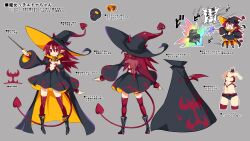 Rule 34 | absurdres, back, bad link, belt, black footwear, boots, cape, choker, constricted pupils, cropped arms, cropped head, cropped legs, demon girl, demon tail, demon wings, detached sleeves, disgaea, disgaea rpg, dress, earrings, etna (disgaea), fang, flat chest, full body, grey background, hat, highres, holding, holding wand, horns, jewelry, long hair, long tail, magic, micro shorts, multiple views, navel, official art, open mouth, photoshop (medium), pointy ears, prinny, red eyes, red hair, red tail, red thighhighs, red wings, short dress, shorts, simple background, slit pupils, smile, tail, text focus, thighhighs, turnaround, wand, wings, witch hat