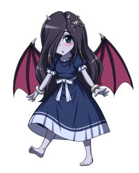 Rule 34 | 1girl, :o, barefoot, bat wings, black dress, black hair, blue eyes, blue skin, blush, bracelet, butterfly hair ornament, colored skin, demon girl, demon wings, dress, duel monster, fabled krus, feet, female focus, full body, hair ornament, hair over one eye, horns, jewelry, lolita fashion, long hair, looking at viewer, monster girl, open mouth, outstretched arms, pataneet, puffy sleeves, purple skin, ribbon, short sleeves, simple background, soles, solo, standing, toes, walking, white background, wings, yu-gi-oh!, yu-gi-oh! duel monsters