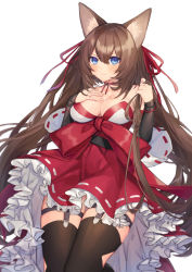 Rule 34 | 1girl, animal ear fluff, animal ears, bad id, bad pixiv id, black sleeves, blue eyes, blush, brown hair, brown thighhighs, caleen keemosn, commentary request, coyucom, detached sleeves, frilled skirt, frills, hair between eyes, hair ribbon, hands up, highres, holding, holding own hair, long hair, long sleeves, looking at viewer, red ribbon, red skirt, ribbon, ribbon-trimmed skirt, ribbon-trimmed sleeves, ribbon trim, simple background, skirt, solo, square enix, star ocean, star ocean anamnesis, thighhighs, v-shaped eyebrows, very long hair, white background, white sleeves, wide sleeves