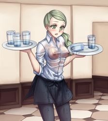 Rule 34 | 10s, 1girl, apron, black pantyhose, blush, breasts, covered erect nipples, creatures (company), dual wielding, game freak, glass, green eyes, green hair, highres, holding, long hair, matching hair/eyes, medium breasts, monorus, nintendo, nipples, no bra, npc trainer, pantyhose, pokemon, pokemon xy, ponytail, see-through, skirt, sleeves pushed up, solo, spill, tray, waist apron, waitress, waitress (pokemon), water, wet, wet clothes