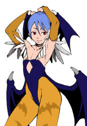 Rule 34 | 1girl, alternate color, armpits, blue hair, capcom, demon girl, demon wings, female focus, flat chest, flat color, lilith aensland, purple hair, red eyes, short hair, simple background, smile, solo, vampire (game), white background, wings