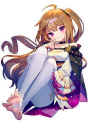 Rule 34 | 1girl, ahoge, ainy, barefoot, blush, brown hair, cape, character request, choker, collarbone, commentary request, copyright request, dress, feet, finger to cheek, from below, highres, leggings, long hair, nail polish, open mouth, pantyhose, red eyes, side ponytail, sitting, sky, smile, solo, star (sky), star (symbol), star print, starry sky, stirrup legwear, strapless, strapless dress, teeth, toeless legwear, virtual youtuber, white leggings, white pantyhose