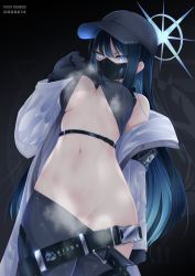 Rule 34 | 1girl, baseball cap, belt, black hair, black hat, black pants, black shirt, blue archive, blue eyes, buckle, chark14, chest harness, clothes lift, clothes pull, crop top, halo, harness, hat, highres, jacket, lifted by self, long hair, mask, midriff, mouth mask, no bra, no panties, off shoulder, open clothes, open jacket, pants, pants pull, pulled by self, saori (blue archive), shirt, shirt lift, sleeveless, sleeveless shirt, snap-fit buckle, sweat, underbust, white jacket
