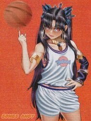 Rule 34 | 1girl, armlet, artist name, ball, basketball, basketball (object), basketball uniform, bombsahoy, bra, cosplay, detached sleeves, earrings, fate/grand order, fate (series), hand on own hip, highres, holding, holding ball, hoop earrings, ishtar (fate), jewelry, lola bunny, lola bunny (cosplay), looking at viewer, looney tunes, parted bangs, pink bra, single detached sleeve, solo, space jam, sportswear, underwear