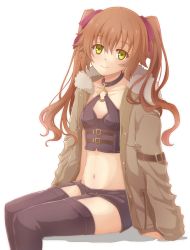 Rule 34 | 1girl, aono (aonocrotowa), black footwear, black shorts, boots, brown coat, brown hair, closed mouth, coat, collar, collarbone, crop top, eiyuu densetsu, flat chest, floating hair, full body, fur-trimmed coat, fur trim, green eyes, hair between eyes, hair ribbon, head tilt, invisible chair, long hair, long sleeves, looking at viewer, midriff, navel, open clothes, open coat, red ribbon, ribbon, sen no kiseki, short shorts, shorts, simple background, sitting, smile, solo, stomach, suspender boots, thigh boots, thighhighs, towa herschel, very long hair, white background, zettai ryouiki