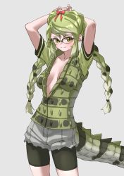 Rule 34 | 1girl, absurdres, arms behind head, arms up, bare arms, bike shorts, bike shorts under shorts, black-framed eyewear, bow, braid, breasts, center opening, collarbone, commentary, cowboy shot, crocodilian tail, cutoffs, glasses, green eyes, green hair, grey background, grey shorts, hair bow, highres, kemono friends, light smile, long hair, looking at viewer, medium breasts, multicolored hair, no bra, over-rim eyewear, red bow, semi-rimless eyewear, short sleeves, shorts, simple background, slit pupils, solo, spectacled caiman (kemono friends), spiked tail, split mouth, spotted hair, tail, tanabe (fueisei), twin braids