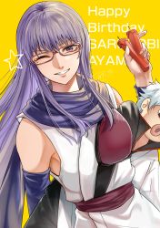 Rule 34 | 1girl, absurdres, armor, breastplate, candle, character doll, character name, detached sleeves, gintama, glasses, grin, happy birthday, highres, holding, holding candle, japanese clothes, kimono, long hair, long sleeves, looking at viewer, mole, mole under eye, one eye closed, purple eyes, purple hair, purple sleeves, red-framed eyewear, sakata gintoki, sarutobi ayame, shinomy, sleeveless, sleeveless kimono, smile, solo, straight hair, very long hair, white kimono, yellow background
