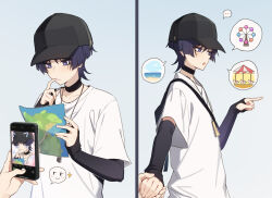 Rule 34 | ..., 1boy, 1other, alternate costume, arm warmers, baseball cap, black choker, black headwear, blue background, blush, carousel, cellphone, choker, comic, ferris wheel, genshin impact, hair between eyes, hat, hei lang, highres, holding, holding hands, holding map, holding phone, jewelry, male focus, map, phone, pointing, pov, purple eyes, purple hair, scaramouche (genshin impact), shirt, short sleeves, simple background, smartphone, sparkle, spoken ellipsis, taking picture, white shirt