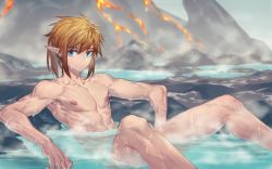 Rule 34 | 1boy, arsh (thestarwish), bad id, bad twitter id, blonde hair, blue eyes, closed mouth, collarbone, commentary request, earrings, jewelry, link, looking at viewer, male focus, lava, nintendo, nipples, nude, partially submerged, pectorals, pointy ears, single earring, sitting, smile, solo, the legend of zelda, toned, toned male, water, wet