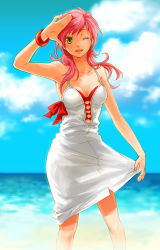 Rule 34 | 1girl, bad id, bad pixiv id, bare shoulders, bow, bra, bracelet, breasts, cleavage, cleavage cutout, clothing cutout, cloud, collarbone, day, dress, isshoku, isshoku (shiki), jewelry, lingerie, long hair, medium breasts, ocean, one eye closed, outdoors, pink hair, skirt, sky, solo, underwear, water, white dress, white skirt, wink, yellow eyes