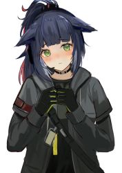 Rule 34 | 1girl, arknights, azuazu 0405, black choker, black gloves, black shirt, blue hair, blush, chest strap, choker, gloves, green eyes, green gloves, grey jacket, head tilt, headset, highres, id card, implied extra ears, jacket, jessica (arknights), long sleeves, looking at viewer, multicolored hair, open clothes, open jacket, own hands together, pink hair, ponytail, shirt, simple background, solo, streaked hair, tearing up, two-tone gloves, upper body, white background