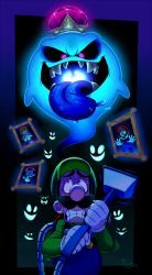 Rule 34 | 1girl, 3boys, black eyes, blouse, blue overalls, blue tongue, border, colored tongue, crown, diamond (gemstone), earthgwee, evil eyes, evil smile, floating, floating object, ghost, glowing, glowing eyes, gradient border, green shirt, highres, king boo, luigi, luigi&#039;s mansion, luigi&#039;s mansion 3, mario, mario (series), multiple boys, nintendo, outside border, overalls, picture frame, poltergust 3000, princess peach, scared, shirt, smile, toad (mario), vacuum cleaner