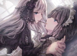 Rule 34 | 2girls, black dress, black hair, blue eyes, blurry, blurry foreground, commentary request, depth of field, dress, dutch angle, eye contact, flower, food, food in mouth, girl on top, grey hair, highres, holding hands, interlocked fingers, juliet sleeves, long hair, long sleeves, looking at another, lying, missile228, mouth hold, multiple girls, nail polish, on back, original, pink nails, pocky, pocky day, pocky kiss, profile, puffy sleeves, purple flower, purple rose, rose, shared food, sleeves past wrists, window, yuri