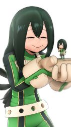 Rule 34 | 1girl, 3d, asui tsuyu, belt, black eyes, black hair, bodysuit, boku no hero academia, character doll, closed eyes, commentary, english commentary, frog girl, gloves, greatm8, hair rings, hands up, highres, hunched over, long hair, low-tied long hair, nendoroid, parted bangs, pointing, pointing at self, simple background, smile, solid circle eyes, solo, source filmmaker (medium), tongue, tongue out, upper body, white background, white gloves