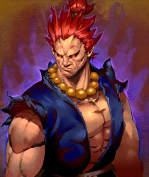 Rule 34 | 1boy, aura, capcom, glaring, akuma (street fighter), looking at viewer, male focus, muscular, orushibu, red eyes, red hair, solo, street fighter