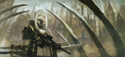 Rule 34 | 1girl, assault rifle, black jacket, breasts, buckle, building, buttons, commentary request, dress, gas mask, gun, hair between eyes, highres, holding, holding gun, holding weapon, jacket, long hair, looking away, looking to the side, mask, original, purple eyes, rifle, shoulder belt, sideways glance, small breasts, solo, suppressor, weapon, white dress, white hair, xinuo223
