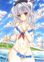 Rule 34 | 10s, 1girl, beach, bikini, blush, bracelet, breasts, cleavage, cloud, collarbone, day, forest, hat, highres, island, jewelry, kantai collection, kashima (kancolle), large breasts, long hair, looking at viewer, nature, navel, ocean, open clothes, outdoors, palm tree, parted lips, purple eyes, silver hair, sky, solo, standing, swimsuit, tomoeri, traditional media, tree, twintails, undressing