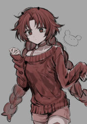 Rule 34 | 1girl, braid, brown background, choker, closed mouth, expressionless, facing viewer, genderswap, genderswap (mtf), highres, long hair, looking down, maeno aki, off-shoulder sweater, off shoulder, pink choker, pink shorts, red eyes, red hair, red sweater, red thighhighs, shorts, simple background, sketch, solo, sweater, thighhighs, twin braids, very long hair, yanmi zn, zeno (game)
