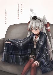 Rule 34 | 1girl, amatsukaze (kancolle), black panties, blanket, brown dress, commentary request, couch, dress, feet out of frame, garter straps, hair tubes, hat, highres, kantai collection, kuuru (kuuru-n), long hair, looking at viewer, mini hat, panties, plaid, red thighhighs, sailor dress, short dress, silver hair, simple background, sitting, smokestack hair ornament, solo, striped clothes, striped thighhighs, thighhighs, translation request, two side up, underwear, white background