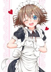 Rule 34 | 1girl, absurdres, alternate costume, apron, black dress, blue eyes, brown eyes, commentary request, dress, enmaided, flipped hair, frilled apron, frilled dress, frills, gloves, heart, heart hands, hiei (kancolle), highres, kantai collection, maid, maid headdress, oohashi yanta, open mouth, round teeth, smile, solo, teeth, upper teeth only, white apron, white gloves
