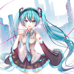 Rule 34 | 1girl, absurdres, aqua eyes, aqua hair, aqua nails, aqua necktie, bare shoulders, black skirt, black sleeves, building, cable, chinese commentary, cityscape, commentary request, cowboy shot, detached sleeves, grey shirt, hair ornament, hatsune miku, headphones, headset, highres, holding, holding cable, long hair, looking at viewer, nail polish, necktie, open mouth, pleated skirt, shirt, shoulder tattoo, skirt, skyscraper, sleeveless, sleeveless shirt, smile, solo, standing, tattoo, twintails, very long hair, vocaloid, wide sleeves, zhu zi