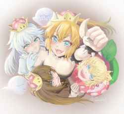 Rule 34 | 4girls, alternate eye color, aqua eyes, artist request, black dress, black nails, blonde hair, blue eyes, boo (mario), bow, bowsette, bowtie, brooch, brown background, brown dress, brown hair, brown neckwear, choker, clenched teeth, collar, commentary request, crying, crying with eyes open, dress, embarrassed, fangs, fingernails, from above, gloves, goomba, gradient background, graphite (medium), hair between eyes, hand on another&#039;s arm, happy, horns, hug, jewelry, long hair, looking at viewer, luigi&#039;s mansion, mario (series), messy hair, multiple girls, nail polish, nervous, new super mario bros. u deluxe, nintendo, open mouth, pink dress, pink neckwear, piranha plant, ponytail, princess king boo, puffy short sleeves, puffy sleeves, raised fist, sharp fingernails, sharp teeth, short hair, short sleeves, sidelocks, smile, spiked collar, spikes, strapless, strapless dress, super crown, teardrop, tears, teeth, traditional media, wavy mouth, white background, white choker, white dress, white gloves, white hair
