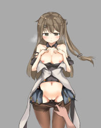 Rule 34 | 1girl, 1other, absurdres, bad id, bad pixiv id, bare shoulders, breast hold, breasts, brown eyes, brown hair, closed mouth, girls&#039; frontline, grey background, hair ornament, highres, k2 (girls&#039; frontline), long hair, miramu (ramu450471), navel, nipples, no bra, off shoulder, open clothes, open shirt, panties, panty pull, pantyhose, pussy, pussy juice, side ponytail, simple background, underwear, undressing