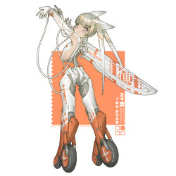 Rule 34 | 1girl, absurdres, beige hair, closed mouth, copyright notice, gloves, highres, long hair, looking at viewer, mechanical legs, mechanical wings, ne baozi, original, pout, rectangle, sitting, solo, twintails, wheel, white background, wings, wire, writing