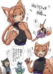 Rule 34 | 3boys, absurdres, animal ear fluff, animal ears, black hair, blue hair, blush, braid, brown hair, character name, character sheet, dumpling, eating, flying sweatdrops, food, fox boy, fox ears, fox tail, furry, furry male, highres, holding, holding food, kawarage yatano, looking at viewer, male focus, multiple boys, nervous, open mouth, original, parted hair, pawpads, simple background, single braid, sitting, sleeveless, staff, tail, tail wagging, teeth, translation request, white background