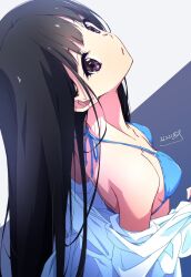 Rule 34 | 1girl, bikini, black hair, blue background, blue bikini, breasts, cleavage, clothes lift, collarbone, dated, from above, halterneck, highres, inoue takina, long hair, looking at viewer, lycoris recoil, medium breasts, nii manabu, off shoulder, open clothes, purple eyes, shirt, signature, simple background, solo, string bikini, swimsuit, two-tone background, undressing, upper body, white background, white shirt