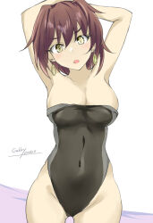 Rule 34 | 1girl, arms behind head, ass, black one-piece swimsuit, breasts, brown hair, cleavage, clothes pull, competition swimsuit, covered navel, cowboy shot, earrings, furutaka (kancolle), gakky, highleg, highleg swimsuit, jewelry, kantai collection, medium breasts, one-piece swimsuit, one-piece swimsuit pull, short hair, solo, swimsuit, two-tone swimsuit, yellow eyes