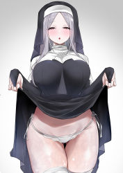Rule 34 | 1girl, :o, absurdres, blush, breasts, bridal gauntlets, clothes lift, dress, dress lift, gloves, grey hair, habit, half-closed eyes, highres, large breasts, lifting own clothes, long hair, long sleeves, looking at viewer, mitsudoue, nun, open mouth, original, panties, pantyshot, purple eyes, shiny skin, side-tie panties, solo, thighhighs, thighs, underwear