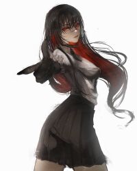 1girl black_hair black_skirt chainsaw_man colored_inner_hair finger_gun highres long_hair multicolored_hair red_eyes red_hair scar scar_on_face shiszukaa simple_background skirt solo white_background yoru_(chainsaw_man)