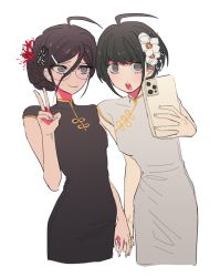Rule 34 | 2girls, ahoge, alternate costume, bare shoulders, black dress, black eyes, black hair, breasts, brown hair, cellphone, chinese clothes, commentary request, cropped legs, danganronpa (series), danganronpa another episode: ultra despair girls, dress, flower, foreshortening, fukawa toko, glasses, grey background, hair between eyes, hair flower, hair ornament, holding, holding hands, holding phone, looking at viewer, mole, mole under mouth, multiple girls, nabu (d4ng4nn6bu12), naegi komaru, official alternate costume, open mouth, phone, red flower, round eyewear, selfie, short hair, simple background, sketch, small breasts, smile, spider lily, teeth, upper teeth only, v