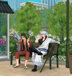 Rule 34 | 2boys, absurdres, bench, boots, brown hair, cigarette, commentary request, finger in ear, gintama, grey hair, hasegawa taizou, highres, holding, holding cigarette, holding newspaper, male focus, multiple boys, newspaper, outdoors, park, park bench, sakata gintoki, sandals, shooogun, short hair, sitting, slide, smoke, smoking, sunglasses, swing, sword, tree, watch, weapon, wooden sword, wristwatch