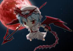 1girl bad_id bad_pixiv_id blue_hair blush_stickers cosplay female_focus flying full_body gundam gundam_epyon gundam_wing hat kasu_kazu moon outdoors polearm red_moon remilia_scarlet sky smile solo spear spear_the_gungnir touhou weapon whip wings